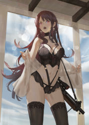 Rule 34 | 1girl, absurdres, bad id, bad pixiv id, bipod, black choker, black legwear, blush, breasts, bullpup, choker, cirilla lin, earrings, girls&#039; frontline, gun, highres, huge filesize, indoors, jewelry, large breasts, lingerie, long hair, looking at viewer, navel, open mouth, purple hair, red eyes, rifle, sniper rifle, solo, stomach, underwear, underwear only, undressing, very long hair, wa2000 (girls&#039; frontline), walther, walther wa 2000, weapon