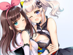 Rule 34 | 2girls, ;), ;d, aqua eyes, asymmetrical docking, blue eyes, blush, breast press, breasts, brown hair, cleavage, cleavage cutout, clothing cutout, commentary, detached sleeves, dress, dutch angle, hair ornament, hairband, hairclip, heart, kaguya luna, kisaragi yuri, kizuna ai, kizuna ai inc., lace-trimmed sleeves, lace trim, looking at viewer, medium breasts, multicolored hair, multiple girls, one eye closed, open mouth, pink hair, sailor collar, silver hair, simple background, sleeveless, sleeveless dress, smile, the moon studio, twintails, upper body, virtual youtuber