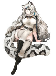 Rule 34 | 1girl, animal ear fluff, animal ears, arknights, barbariank, bead necklace, beads, belt, black footwear, blush, boots, braid, breasts, commentary, dress, english commentary, full body, grey eyes, grey hair, grey thighhighs, hair between eyes, highres, jewelry, knee boots, large breasts, large tail, leopard ears, leopard girl, leopard tail, long hair, looking at viewer, necklace, no panties, pelvic curtain, pramanix (arknights), side braids, side slit, simple background, sitting, solo, tail, thighhighs, turtleneck, turtleneck dress, twin braids, very long hair, wavy hair, white background, white dress