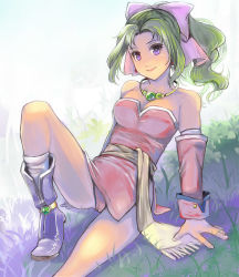 Rule 34 | 1990s (style), 1girl, bad id, bad pixiv id, bare shoulders, boots, bow, detached sleeves, dissidia 012 final fantasy, dissidia final fantasy, earrings, final fantasy, final fantasy vi, grass, green hair, hair ribbon, jewelry, long hair, miso katsu, necklace, panties, pantyshot, pink bow, ponytail, purple eyes, ribbon, sitting, solo, tina branford, underwear