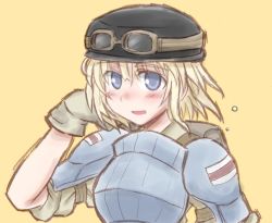Rule 34 | blue eyes, blush, cecilia glinda miles, gloves, goggles, hat, shirt, short hair, strike witches, witches of africa, world witches series