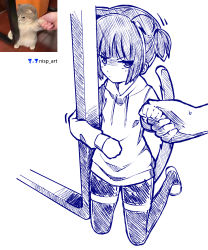 Rule 34 | 1girl, absurdres, angry, animal ears, artist logo, artist name, cat ears, cat girl, cat tail, clenched hands, commentary request, drawstring, highres, holding another&#039;s wrist, hood, hoodie, kneeling, looking at viewer, meme, nisp art, one side up, original, pen (medium), reference inset, russian commentary, short hair, shorts, sidelocks, slippers, solo focus, sweatdrop, tail, thighhighs, v-shaped eyebrows