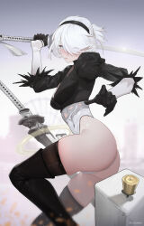 Rule 34 | 1girl, arm up, ass, black gloves, black hairband, black thighhighs, blue eyes, breasts, chilakkk, closed mouth, feather-trimmed sleeves, floating hair, from side, gloves, hair over one eye, hairband, hand up, highres, holding, holding sword, holding weapon, juliet sleeves, katana, leotard, long sleeves, looking at viewer, medium breasts, nier (series), nier:automata, puffy sleeves, short hair, skindentation, solo, sword, tassel, thighhighs, thighs, weapon, white hair, white leotard, 2b (nier:automata)
