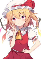 Rule 34 | 1girl, ascot, blonde hair, closed mouth, crystal, e.o., flandre scarlet, hand on own hip, hat, highres, looking at viewer, mob cap, puffy short sleeves, puffy sleeves, red eyes, short sleeves, side ponytail, simple background, smile, solo, touhou, v, white background, white hat, wings, yellow ascot