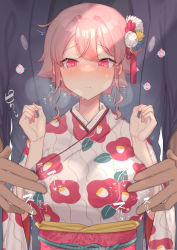 Rule 34 | 1boy, 1girl, aizenpochi, blush, breasts, closed mouth, couple, dark-skinned male, dark skin, floral print, frown, furisode, grabbing, grabbing from behind, hair between eyes, hands up, heart, heart-shaped pupils, height difference, japanese clothes, kimono, large breasts, looking at breasts, nipple stimulation, nipple tweak, obi, original, pink eyes, pink hair, sash, short hair, sidelocks, symbol-shaped pupils, upper body, wide sleeves