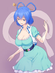 Rule 34 | 1girl, blue dress, blue eyes, blue hair, breasts, chisel, cleavage, collarbone, commentary request, dress, grey background, hair ornament, hair rings, hair stick, highres, kakone, kaku seiga, large breasts, looking at viewer, open mouth, shawl, short sleeves, simple background, solo, touhou, vest, white vest