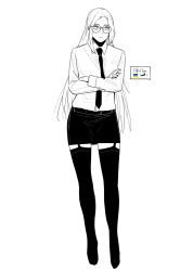 Rule 34 | 1girl, character request, closed mouth, collared shirt, crossed arms, ear piercing, earrings, full body, garter straps, girls&#039; frontline, glasses, height, high heels, highres, huqu, jewelry, long hair, long sleeves, looking at viewer, miniskirt, necktie, office lady, pencil skirt, piercing, round eyewear, shirt, simple background, skirt, solo, thighhighs, very long hair, white background, wing collar