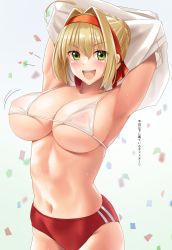 Rule 34 | 1girl, ahoge, armpits, arms behind head, arms up, bikini, bikini top only, blonde hair, blush, braid, breasts, buruma, clothes lift, collarbone, confetti, fate/extra, fate/grand order, fate (series), french braid, gachou, green eyes, hair between eyes, hair bun, hair intakes, headband, highres, large breasts, long hair, looking at viewer, navel, nero claudius (fate), nero claudius (fate) (all), nero claudius (fate/extra), nero claudius (olympian bloomers) (fate), official alternate costume, open mouth, red buruma, red headband, shirt, shirt lift, simple background, single hair bun, smile, solo, swimsuit, translation request, white background, white bikini, white shirt