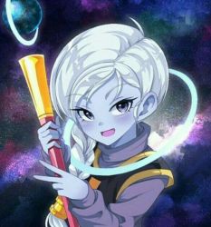 Rule 34 | 10s, 1girl, :d, angel (dragon ball), artist request, blue skin, braid, colored skin, cus, dragon ball, dragon ball super, female focus, halo, holding, holding staff, long sleeves, looking at viewer, open mouth, purple eyes, silver hair, smile, solo, space, staff, universe 10 (dragon ball), upper body, v, vest
