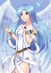 Rule 34 | 1girl, ancient ys vanished, angel wings, armlet, artist name, blue hair, bracelet, commentary request, curtained hair, dress, eyelashes, feena (ys), gold necklace, highres, holding, holding jewelry, holding necklace, jewelry, long hair, necklace, parted lips, rerecoro, ribbon, side slit, solo, standing, twitter username, unworn jewelry, unworn necklace, white dress, white ribbon, wings, ys