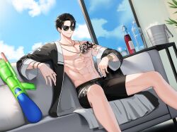 Rule 34 | 1boy, bare legs, bare pectorals, bare shoulders, black coat, black hair, black male swimwear, blue eyes, blue sky, bottle, bracelet, bucket, chaise longue, chulsoo kim (closers), closers, coat, couch, cup, cushion, day, drink, drinking glass, dutch angle, feet out of frame, floral print, forehead, highres, ice, ice bucket, ice cube, indoors, jewelry, leaf, legs apart, long sleeves, looking at viewer, male focus, male swimwear, navel, necklace, off shoulder, official art, on couch, open clothes, open coat, open window, pectorals, ring, short hair, shoulder tattoo, sitting, sky, smile, soda bottle, solo, stomach, sunglasses, swept bangs, swim trunks, table, tattoo, toned, toned male, water bottle, water gun, window