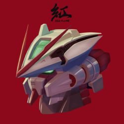 Rule 34 | absurdres, character name, commentary, disembodied head, english text, glasses1255, glowing, glowing eyes, green eyes, gundam, gundam astray red frame, gundam seed, gundam seed astray, head, highres, looking ahead, mecha, red background, robot, simple background, solo, v-fin