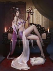 Rule 34 | 10s, 1girl, 2014, absurdres, animal, artist name, bare shoulders, braid, breasts, brown eyes, brown hair, candle, cat, circlet, closed mouth, english text, fire, fire, full body, highres, image sample, indoors, instrument, looking at viewer, medium breasts, navel, original, realistic, sandals, short hair with long locks, sitting, tony wang