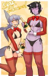 Rule 34 | 2girls, :d, absurdres, bikini, black bikini, black hair, bottle, bow, bowtie, breasts, champagne bottle, closed eyes, colored skin, commentary, english commentary, feet out of frame, fins, fish tail, grey hair, highres, holding, holding bottle, horns, ittla, long sleeves, medium breasts, milestone celebration, multiple girls, nail polish, oni, open mouth, original, parted lips, pointy ears, purple skin, red bow, red legwear, red nails, red neckwear, shark girl, shark tail, sharp teeth, short hair, shrug (clothing), side-tie bikini bottom, skin-covered horns, small breasts, smile, sparkle, standing, standing on one leg, swimsuit, tail, teeth, thick eyebrows, thighhighs, ume (ittla), yellow eyes