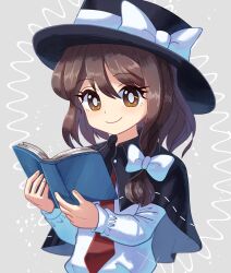 Rule 34 | 1girl, black capelet, black hat, book, bow, brown eyes, brown hair, capelet, closed mouth, commentary request, fedora, hair bow, happy, hat, hat bow, highres, holding, holding book, long sleeves, necktie, plus2sf, red necktie, shirt, smile, solo, touhou, upper body, usami renko, white bow, white footwear, white shirt