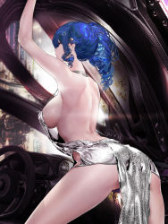 Rule 34 | 1girl, absurdres, arm up, armpits, ass, azur lane, back, backless dress, backless outfit, bare arms, bare shoulders, blue hair, breasts, car, character name, copyright name, dress, earrings, evening gown, from behind, glint, grey dress, hair ornament, highres, jewelry, large breasts, leaning forward, long hair, looking at viewer, looking back, motor vehicle, panties, pantyshot, purple eyes, shiny clothes, side ponytail, sideboob, sidelocks, sleeveless, sleeveless dress, solo, st. louis (azur lane), st. louis (luxurious wheels) (azur lane), steering wheel, strap gap, thighs, underwear, xiaoluo xl