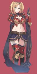 Rule 34 | 10s, 1girl, :&gt;, armor, blonde hair, blue eyes, boots, breasts, choker, cleavage, gauntlets, granblue fantasy, headband, highres, midriff, navel, panties, pleated skirt, red armor, red background, regu (reg95), simple background, skirt, smile, solo, standing, thigh boots, thigh gap, thighhighs, two side up, underwear, v, zeta (granblue fantasy)