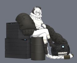 Rule 34 | 1girl, absurdly long hair, absurdres, abyssal ship, black-framed eyewear, black footwear, blue eyes, boots, colored skin, crate, crossed legs, drum (container), full body, glasses, grey background, hair scarf, hamu koutarou, headphones, highres, kantai collection, long hair, power fist, shirt, simple background, sitting, socks, solo, striped clothes, striped legwear, striped socks, supply depot princess, very long hair, white hair, white shirt, white skin