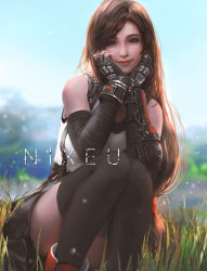 Rule 34 | 1girl, arm guards, artist name, bare shoulders, black gloves, black skirt, black thighhighs, blurry, blurry background, brown eyes, brown hair, commentary, depth of field, elbow gloves, english commentary, final fantasy, final fantasy vii, final fantasy vii remake, fingerless gloves, gloves, grass, hands on own cheeks, hands on own face, happy, highres, long hair, looking at viewer, low-tied long hair, low tied hair, miniskirt, mixed-language commentary, nixeu, outdoors, pleated skirt, red footwear, revision, shirt, skirt, smile, solo, squatting, suspender skirt, suspenders, tank top, taut clothes, taut shirt, thighhighs, thighs, tifa lockhart
