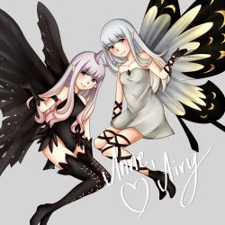 Rule 34 | 2girls, aerie (bravely default), anne (bravely second), antenna hair, arm up, artist name, bare shoulders, black gloves, black legwear, black leotard, blue eyes, bravely default: flying fairy, bravely default (series), bravely second: end layer, breasts, brown eyes, butterfly wings, character name, collarbone, dress, fairy, full body, gloves, grey background, grey hair, highres, insect wings, leotard, long hair, looking at viewer, multiple girls, pointy ears, rokudessa, short dress, simple background, small breasts, smile, strapless, strapless dress, thigh strap, thighhighs, white dress, wings