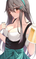 Rule 34 | 1girl, akahi242, alcohol, beer, beer mug, black hair, blush, breasts, brown eyes, cleavage, closed mouth, collarbone, cup, dirndl, german clothes, green hairband, hair between eyes, hair ornament, hairband, hairclip, haruna (kancolle), highres, holding, holding cup, kantai collection, large breasts, long hair, mug, simple background, smile, solo, twitter username, upper body, white background