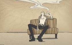 Rule 34 | 1boy, alternate costume, belt, cigarette, collared shirt, couch, full body, hair over one eye, highres, jewelry, male focus, necklace, one piece, open clothes, open shirt, sanji (one piece), shirt, sitting, smoking, solo, striped, striped upholstery, vertical stripes, wallpaper