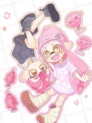 Rule 34 | 1boy, 1girl, beanie, black footwear, black hoodie, black shorts, boots, bright pupils, commentary request, fangs, grid, grid background, hands in pockets, hat, hat ornament, highres, hood, hoodie, hoshiika su, inkling, inkling girl, inkling player character, long hair, long sleeves, nintendo, octoling, octoling boy, octoling player character, octopus boy, open mouth, pink hair, pink hat, pink shirt, pointy ears, print shirt, red hair, shirt, shoes, short hair, short sleeves, shorts, simple background, smile, smiley face, sparkle, splatoon (series), squid girl, star-shaped pupils, star (symbol), super chump (splatoon), symbol-shaped pupils, tentacle hair, tentacles, torpedo (splatoon), white background, white footwear, white pupils, yellow eyes
