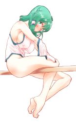 Rule 34 | 1girl, absurdres, between thighs, blush, bottomless, breasts, commentary request, covered erect nipples, green eyes, green hair, hair ornament, hair tubes, highres, kochiya sanae, large breasts, long hair, no bra, non (z-art), one eye closed, open mouth, sideboob, sitting, solo, touhou, undressing