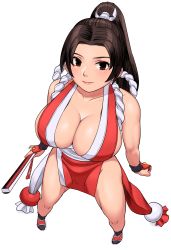 Rule 34 | 1girl, bare shoulders, breasts, brown eyes, brown hair, closed mouth, collarbone, commentary request, fatal fury, folded fan, folding fan, full body, hand fan, highres, holding, japanese clothes, large breasts, lips, long hair, looking at viewer, looking up, ninja, no bra, parted bangs, pelvic curtain, revealing clothes, rope, shigenobu, shiny skin, shiranui mai, simple background, sleeveless, solo, standing, the king of fighters, thighs, white background