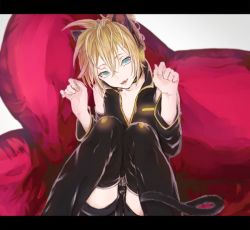Rule 34 | 1boy, animal ears, bare shoulders, belt, blonde hair, blue eyes, boots, cat boy, cat ears, cat tail, choker, detached sleeves, fang, headphones, kagamine len, knees up, letterboxed, looking at viewer, male focus, nail polish, open mouth, paw pose, ponytail, project diva, project diva (series), project diva 2nd, punkish (module), saegome, shorts, sitting, smile, solo, speaker, tail, thigh boots, thighhighs, vocaloid, yellow nails, zettai ryouiki