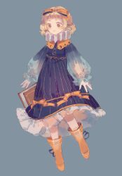 Rule 34 | 1girl, blonde hair, blue background, blue bow, blue dress, blue ribbon, book, boots, bow, brown eyes, buttons, capelet, chinese commentary, closed mouth, commentary request, crescent print, dress, dress bow, eyelashes, footwear ribbon, frilled dress, frilled sleeves, frills, full body, gradient sleeves, hair bow, highres, lace, lace-trimmed dress, lace trim, light blush, long sleeves, looking ahead, medium dress, neck ruff, orange bow, orange capelet, orange footwear, original, puffy long sleeves, puffy sleeves, ribbon, rubber boots, see-through, see-through sleeves, short hair, sleeves past wrists, smile, solo, star (symbol), star print, striped bow, striped clothes, striped dress, two-sided bow, vertical-striped clothes, vertical-striped dress, yanmian (printemps-noir)