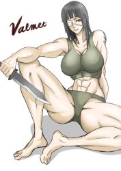 Rule 34 | 1girl, abs, bad id, bad pixiv id, barefoot, black hair, breasts, brown eyes, cleavage, combat knife, eyepatch, jormungand (manga), knife, large breasts, long hair, muscular, panties, shiva (tairakuten), sofia valmer, solo, sports bra, spread legs, tattoo, thick thighs, thighs, toes, underwear, weapon