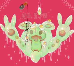 Rule 34 | akadako, animal focus, black eyes, blank eyes, bottle, creatures (company), egg, food, food on head, full body, game freak, gen 5 pokemon, hands up, nintendo, no humans, object on head, one-hour drawing challenge, open mouth, pink background, pokedex number, pokemon, pokemon (creature), pouring, reuniclus, simple background, solo, soy sauce, straight-on