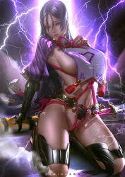 Rule 34 | 1girl, arm guards, arrow (projectile), black gloves, blush, breasts, elbow gloves, fate/grand order, fate (series), fingerless gloves, gloves, hair between eyes, high collar, katana, kneeling, large breasts, lightning, long hair, long sleeves, looking at viewer, low-tied long hair, minamoto no raikou (fate), navel, parted bangs, parted lips, purple eyes, purple hair, quiver, revealing clothes, ribbed sleeves, rope, sheath, sideboob, solo, sword, tabard, tassel, thighs, very long hair, weapon, zumi (zumidraws)