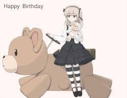 Rule 34 | 10s, 1girl, bandages, black bow, black bowtie, black footwear, black ribbon, black skirt, black thighhighs, boko (girls und panzer), bow, bowtie, brown eyes, closed mouth, collared shirt, commentary, english text, full body, girls und panzer, hair ribbon, happy birthday, high-waist skirt, kiddie ride, layered skirt, light brown hair, light smile, long hair, long sleeves, looking to the side, mary janes, omachi (slabco), ribbon, shimada arisu, shirt, shoes, side ponytail, simple background, sitting, skirt, solo, striped clothes, striped thighhighs, stuffed animal, stuffed toy, suspender skirt, suspenders, teddy bear, thighhighs, white background, white shirt