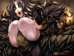 Rule 34 | 1girl, between breasts, breast press, breast smother, breasts squeezed together, breasts, brown hair, game cg, huge breasts, long hair, nipples, open mouth, rane crisis, red eyes, saliva, see-through, sky walk, tattoo, tongue, tsukasawa takamatsu, upper body, wavy hair