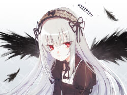 Rule 34 | 1girl, absurdres, black wings, expressionless, feathers, gothic lolita, gradient background, grey hair, hairband, halo, highres, juna22 a, lolita fashion, lolita hairband, long hair, looking to the side, red eyes, rozen maiden, solo, suigintou, upper body, wings