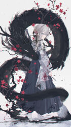 Rule 34 | 1girl, :|, black bow, black hakama, blush, bow, braid, closed mouth, commentary, crown braid, dragon, eastern dragon, expressionless, floral print, flower, from side, full body, grey eyes, grey hair, hair between eyes, hair bow, hair flower, hair ornament, hakama, hakama skirt, holding, holding paintbrush, japanese clothes, kimono, long hair, long skirt, long sleeves, looking at viewer, original, oversized object, paintbrush, plum blossoms, print kimono, red flower, renren (pixiv22963369), signature, simple background, skirt, socks, solo, symbol-only commentary, walking, white background, white flower, white kimono, white socks, wide sleeves