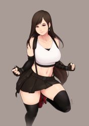 Rule 34 | 1girl, belt, black skirt, black thighhighs, boots, breasts, brown hair, cleavage, clenched hands, collarbone, detached sleeves, earrings, final fantasy, final fantasy vii, final fantasy vii remake, fingerless gloves, gloves, highres, jewelry, large breasts, lips, long hair, low-tied long hair, midriff, nigaw, nose, pleated skirt, red eyes, red footwear, running, single vambrace, skirt, smile, solo, sports bra, suspender skirt, suspenders, tank top, thighhighs, tifa lockhart, toned, vambraces, very long hair, white tank top