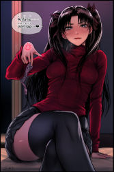Rule 34 | 1girl, :d, black hair, black thighhighs, blue eyes, blush, breasts, command spell, condom, condom packet strip, condom wrapper, crossed legs, fate/stay night, fate (series), hair ribbon, half-closed eyes, highres, long hair, long sleeves, looking at viewer, open mouth, pleated skirt, ribbon, sgk, sitting, skirt, smile, solo, thighhighs, tohsaka rin, turtleneck, two side up