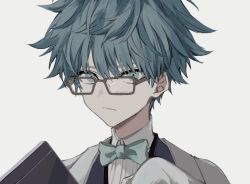 Rule 34 | 1boy, bad id, bad pixiv id, black-framed eyewear, blue eyes, blue hair, bow, bowtie, child, fate/extra, fate/extra ccc, fate/grand order, fate (series), glasses, hans christian andersen (fate), looking at viewer, male focus, nozz177, portrait, shirt, short hair, smile, solo, type-moon, vest