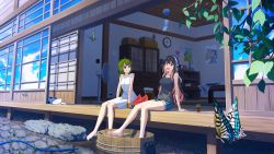 Rule 34 | 2girls, absurdres, ahoge, alternate costume, architecture, bare legs, barefoot, black hair, black shirt, blue shorts, braid, breasts, bucket, bug, building, butterfly, cat, clock, day, dress, east asian architecture, food, fruit, green hair, hairband, hand fan, highres, hose, house, insect, kantai collection, large breasts, long braid, long hair, mole, mole under mouth, multicolored hair, multiple girls, naganami (kancolle), outdoors, pink hair, rankebu, revision, shirt, short shorts, shorts, single braid, sitting, sleeveless, sleeveless shirt, soaking feet, sundress, two-tone hair, veranda, very long hair, watermelon, wavy hair, white dress, white hairband, wind chime, wooden bucket, yellow eyes, yuugumo (kancolle)