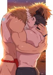 Rule 34 | 2boys, animal head, ass, bara, character request, comforting, dog boy, doku (hitori ox), facial hair, feet out of frame, from side, fundoshi, furry, furry with non-furry, highres, hug, interspecies, japanese clothes, male focus, multiple boys, muscular, muscular male, ocean, protagonist 3 (housamo), red fundoshi, sideburns, sideburns stubble, stubble, sunset, thick eyebrows, tokyo houkago summoners, topless male, yaoi