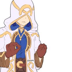 Rule 34 | 1boy, belt, brown gloves, brown wrist cuffs, conope, facing to the side, fire emblem, fire emblem heroes, gloves, gold trim, hood, hood up, hooded robe, kiran (fire emblem), kiran (male) (fire emblem), leather, leather gloves, nintendo, robe, solo