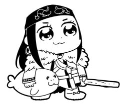 Rule 34 | 10s, 1girl, :3, ainu, ainu clothes, animal, asirpa, bandana, bkub, boots, cape, child, clenched hand, earrings, fur boots, fur cape, golden kamuy, greyscale, holding, holding animal, holding staff, hoop earrings, jewelry, long hair, monochrome, sheath, simple background, smile, solo, staff, two side up, walrus, white background