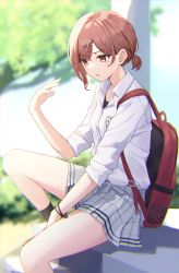 Rule 34 | 1girl, backpack, bag, bare legs, blurry, blurry background, bracelet, brown hair, fanning face, fanning self, grey skirt, hair ornament, hairclip, hairpin, highres, higuchi madoka, hot, idolmaster, idolmaster shiny colors, jewelry, knee up, looking down, mole, mole under eye, on stairs, outdoors, plaid, plaid skirt, pleated skirt, red eyes, school uniform, shirt, short ponytail, sitting, skirt, solo, sweatdrop, white shirt, yazi114