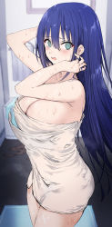 Rule 34 | 1girl, @ @, aqua eyes, armpits, arms up, bare shoulders, blue hair, breasts, cleavage, unworn clothes, covered navel, cowboy shot, dripping, embarrassed, engage kiss, haoni, highres, indoors, large breasts, long hair, looking at viewer, naked towel, solo, towel, very long hair, wardrobe malfunction, wet, yuugiri ayano