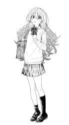 Rule 34 | 1girl, :p, absurdres, asymmetrical legwear, bag, bow, bowtie, commentary request, greyscale, hand up, highres, inkdaisuki, loafers, long sleeves, looking at viewer, messy hair, monochrome, original, plaid, plaid skirt, pleated skirt, school uniform, shoes, shoulder bag, simple background, skirt, socks, solo, standing, sweater vest, tiptoes, tongue, tongue out, uneven legwear, white background