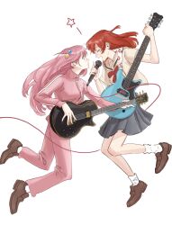 Rule 34 | 2girls, absurdres, blue eyes, bocchi the rock!, bow, commentary, cube hair ornament, deerwhisky, electric guitar, floating, gibson les paul, gotoh hitori, guitar, hair ornament, happy, highres, holding, holding instrument, instrument, jacket, kita ikuyo, legs folded, long hair, long sleeves, looking at another, looking up, medium hair, microphone, miniskirt, multiple girls, music, neckerchief, open mouth, pants, pink hair, playing instrument, pleated skirt, ponytail, red hair, school uniform, serafuku, shoes, side ponytail, simple background, singing, skirt, socks, star (symbol), strap, surprised, track jacket, white background, wire, yuri