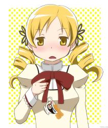 Rule 34 | 10s, 1girl, blonde hair, blush, charlotte (madoka magica), cup, drill hair, hair ornament, mahou shoujo madoka magica, mahou shoujo madoka magica (anime), official style, open mouth, ribbon, school uniform, solo, tatsuo (tty0607), teacup, tomoe mami, yellow eyes